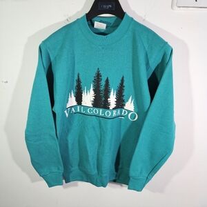 Vintage 80's Hanes Vail Colorado Tree line Teal Crewneck Pullover Sweatshirt!
